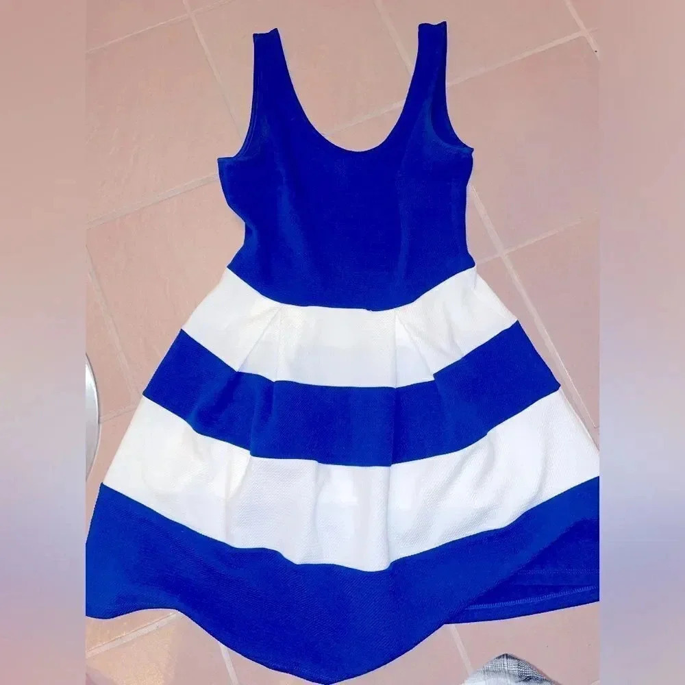 NORDSTROMS SOPRANO BLUE AND WHITE FIT AND FLARE PLEATED SLEEVELESS DRESS SIZE M